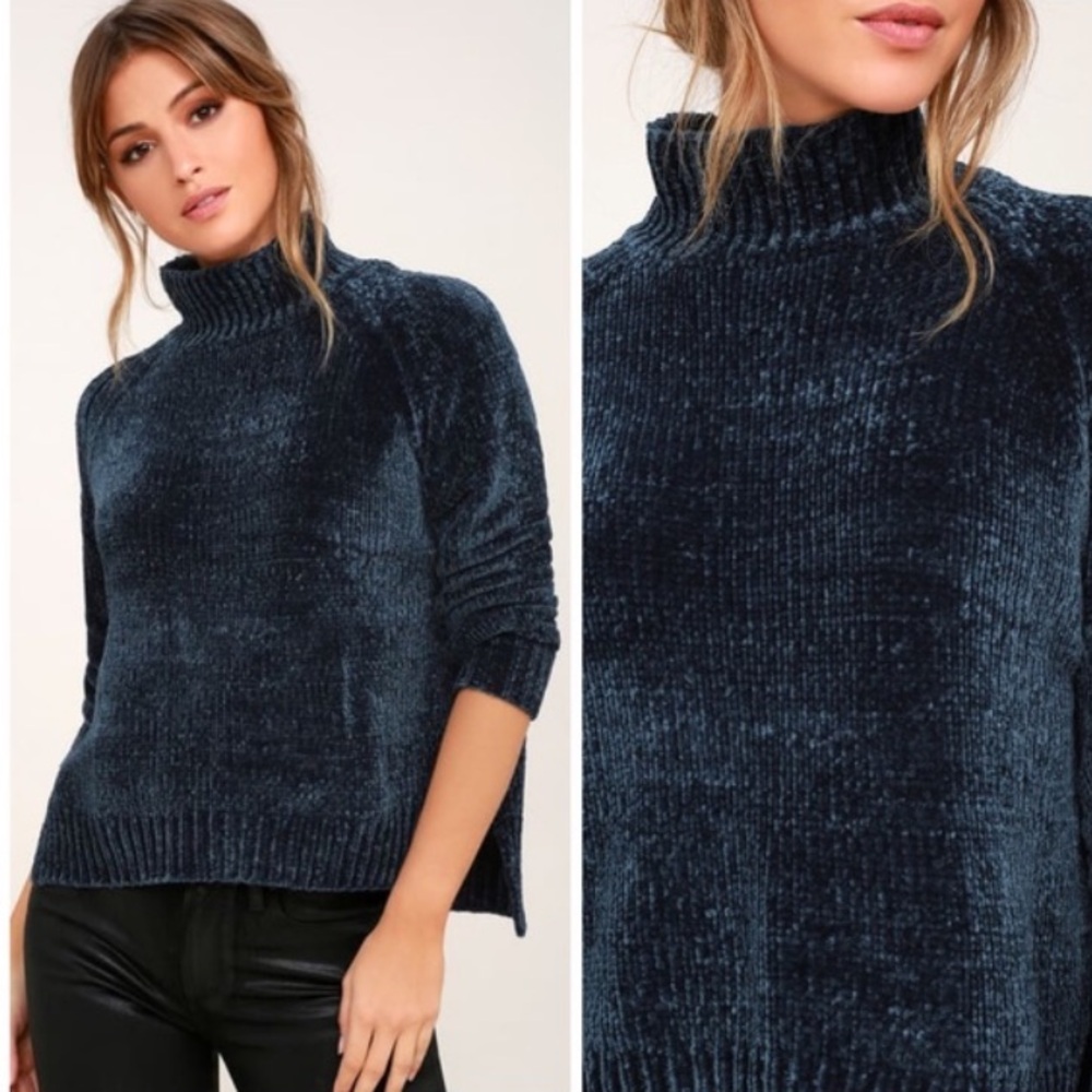 Lost + Wander Chenille Sweater Mock Neck‎ Blue